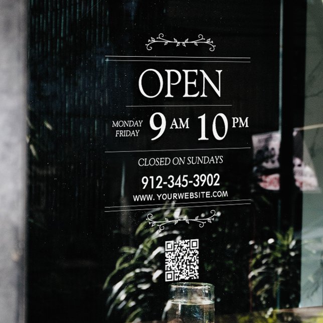 Autocollant Pour Fenêtre Heures d'Ouverture Code Qr Transparent Moderne (Opening Hours Transparent Qr Code Modern Window Cling)