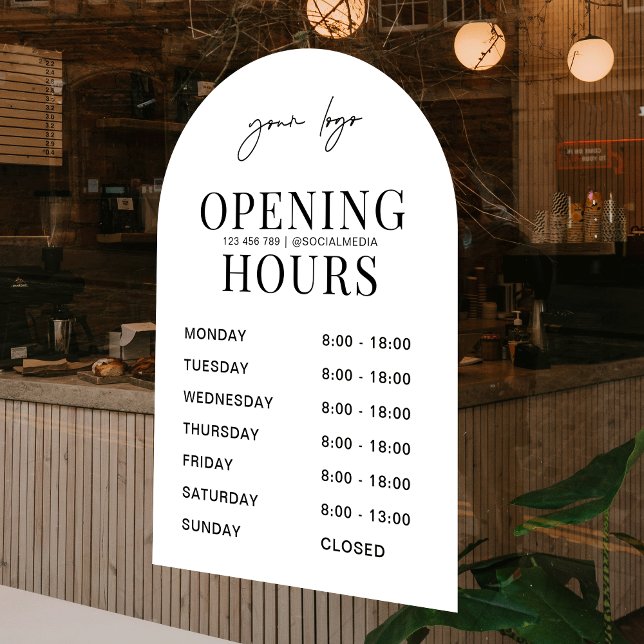 Autocollant Pour Fenêtre Heures d'ouverture de l'arch blanc minimal Logo d' (Modern white arch business opening times window cling sign for your shop, salon or office)