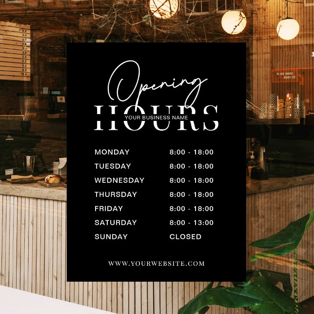 Autocollant Pour Fenêtre Heures d'ouverture de l'entreprise Logo minimal no (Modern black and white opening hours window cling sign for your shop, salon, office or boutique)
