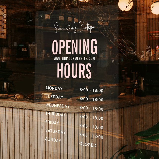 Autocollant Pour Fenêtre Heures d'ouverture d'entreprise modernes blanc et  (Modern white and pink transparent background opening hours window cling)