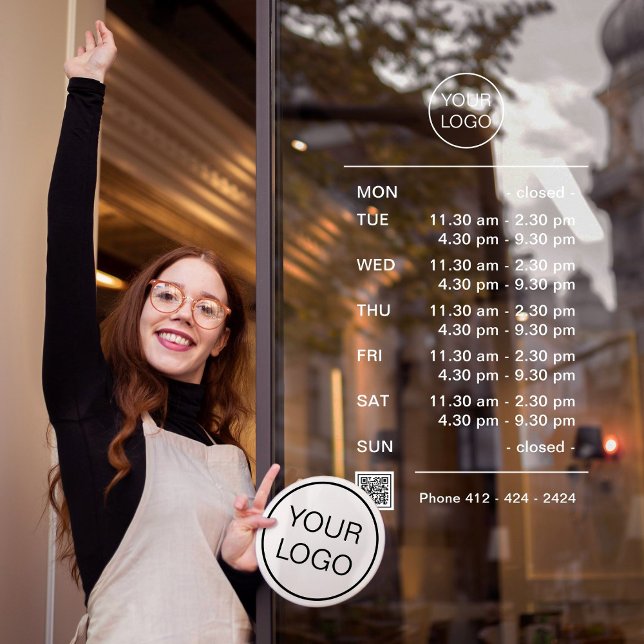 Autocollant Pour Fenêtre Heures d'ouverture d'une entreprise moderne avec Q (Corporate design window cling template with opening hours with break, logo, QR code, phone number.)