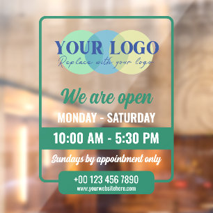 Autocollant Pour Fenêtre Heures d'ouverture Green We Are Open avec votre lo