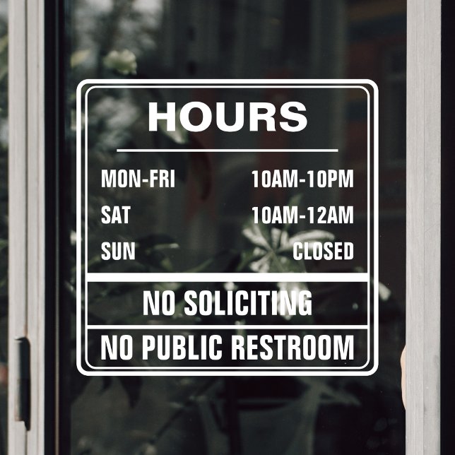 Autocollant Pour Fenêtre Heures d'ouverture Interdiction de solliciter Toil (hours of operation transparent door sticker with no public restroom and no soliciting text)