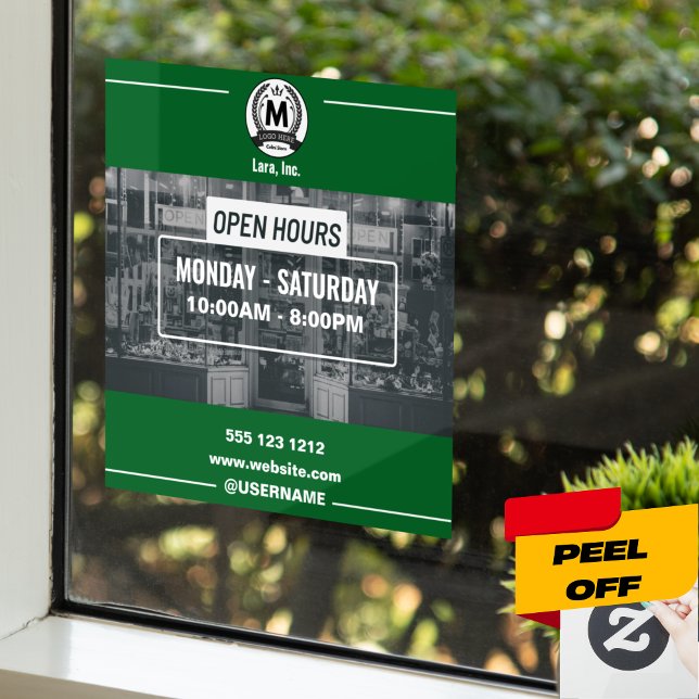 Autocollant Pour Fenêtre Heures d'ouverture simples en vert blanc monochrom (Minimalist Green & White Open Hours Window Clings & Frames)