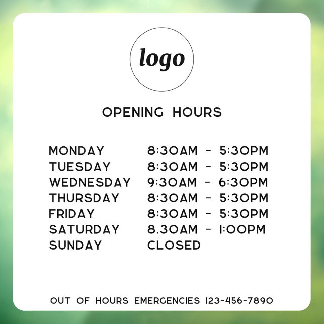 Autocollant Pour Fenêtre Heures d'ouverture simples pour entreprise avec lo (Simple logo with custom text business branding promotional opening hours window cling)