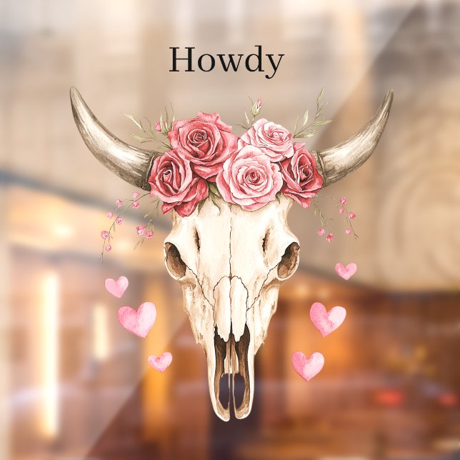 Autocollant Pour Fenêtre Howdy Skull Pink Roses Hearts (Feuille 2)