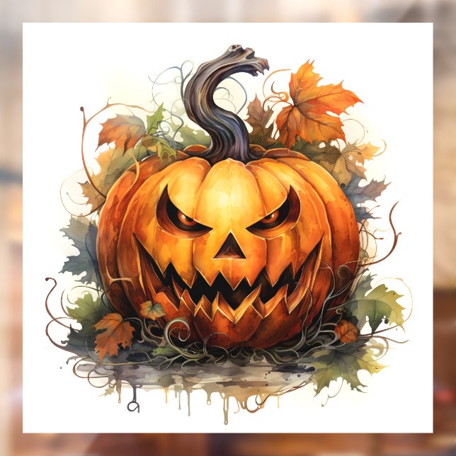 Autocollant Pour Fenêtre Jack-o-lanterne déplaisant avec feuilles d'automne (Feuille 2)