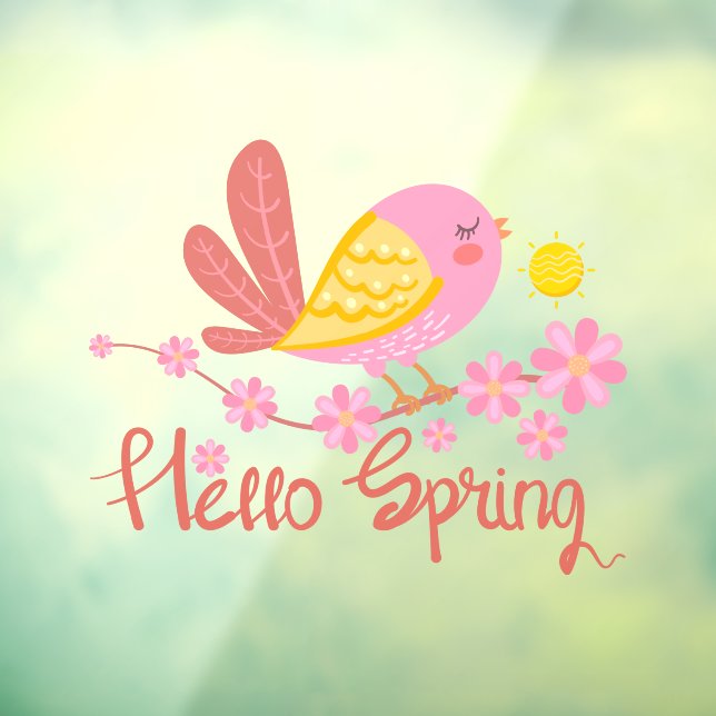 Autocollant Pour Fenêtre Joli Oiseau Avec Fleurs Bonjour Printemps (Feuille 3)