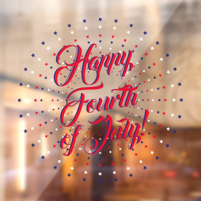 Autocollant Pour Fenêtre Joyeux 4 Juillet script rouge blanc & bleu étoiles (Feuille 2)
