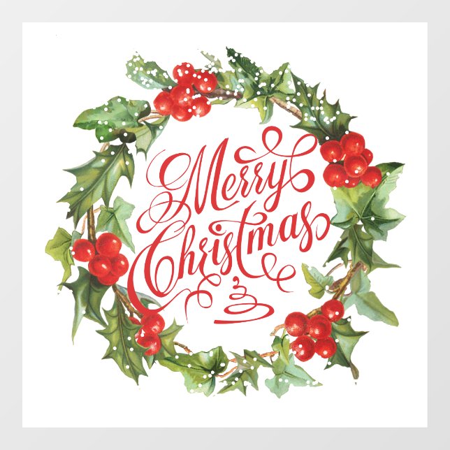 Autocollant Pour Fenêtre Joyeux Noël Rouge Vert Wreath Holly Ivy (Feuille)