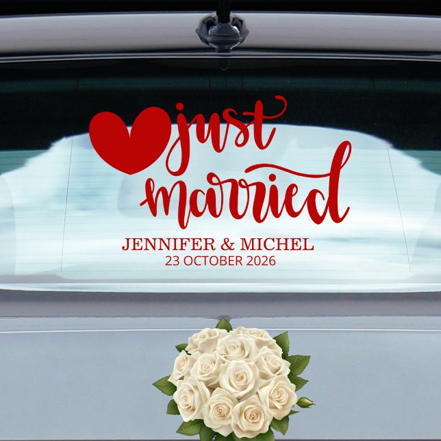 Autocollant Pour Fenêtre Just Married romantic red script wedding car (Créateur téléchargé)