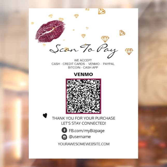 Autocollant Pour Fenêtre *~* LÈVRES DIAMANTS Scannez pour PAYER  Code QR (Feuille 2)