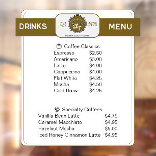 Autocollant Pour Fenêtre Liste de boissons personnalisées pour café profess