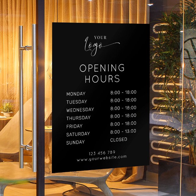 Autocollant Pour Fenêtre Logo d'affaires moderne élégant Noir Heures d'ouve (Shop opening times window cling sign in black with space for your logo)