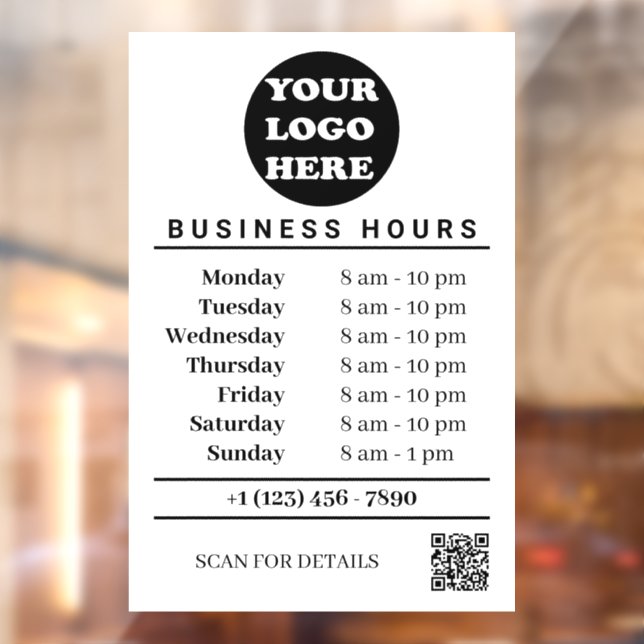 Autocollant Pour Fenêtre Logo d'entreprise blanc Heures d'ouverture Code QR (Feuille 2)