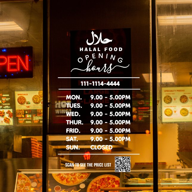 Autocollant Pour Fenêtre Logo des heures d'ouverture White Business et code (Créateur téléchargé)