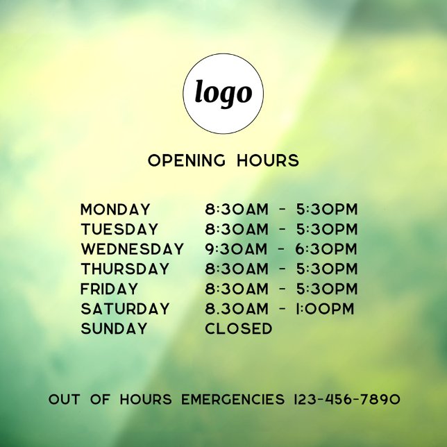 Autocollant Pour Fenêtre Logo simple et heures d'ouverture de l'entreprise (Simple logo with custom text business branding promotional opening hours window decal)
