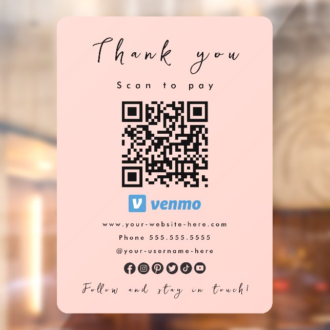 Autocollant Pour Fenêtre Merci Venmo QR Code numérisation pour payer rose p (Feuille 2)