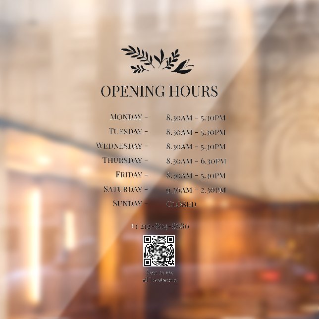 Autocollant Pour Fenêtre Minimal Botanical Logo Opening Hours QR Code (Feuille 2)