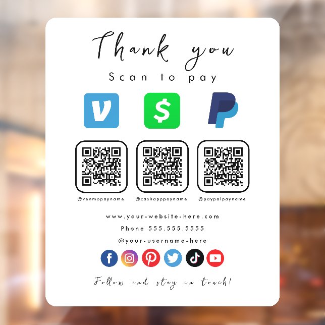 Autocollant Pour Fenêtre Moderne Blanc Multi QR Code Paypal Venmo Cash App (Feuille 2)