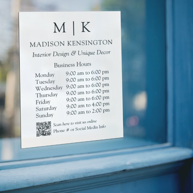 Autocollant Pour Fenêtre Monogramme ou ajouter un logo Heures d'ouverture Q (Edit to Customize text, colors and more)