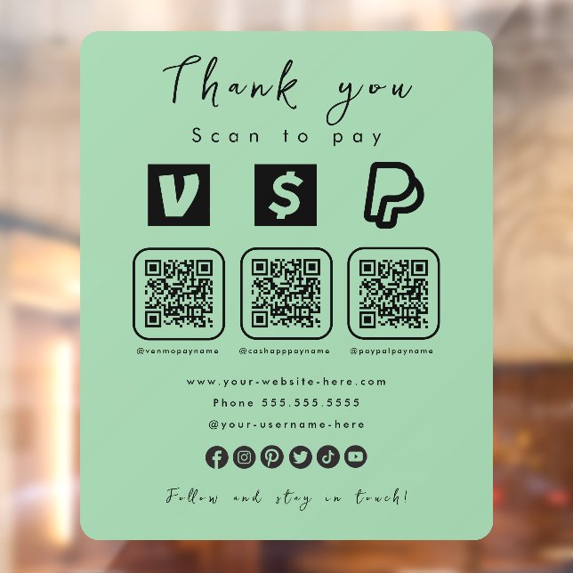 Autocollant Pour Fenêtre Multi QR Code Paypal Venmo Cash App Mint Green (Feuille 2)