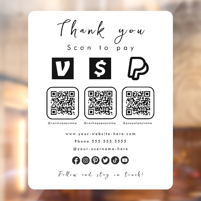 Autocollant Pour Fenêtre Multi QR Code Paypal Venmo Cash App Moderne Blanc (Feuille 2)