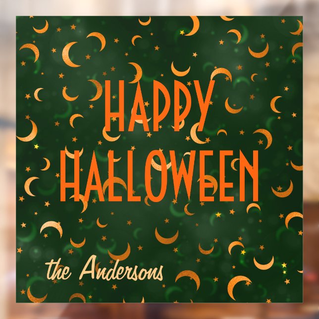 Autocollant Pour Fenêtre Nom Happy Halloween Moons & Stars Bokeh 12"x12" (Feuille 2)