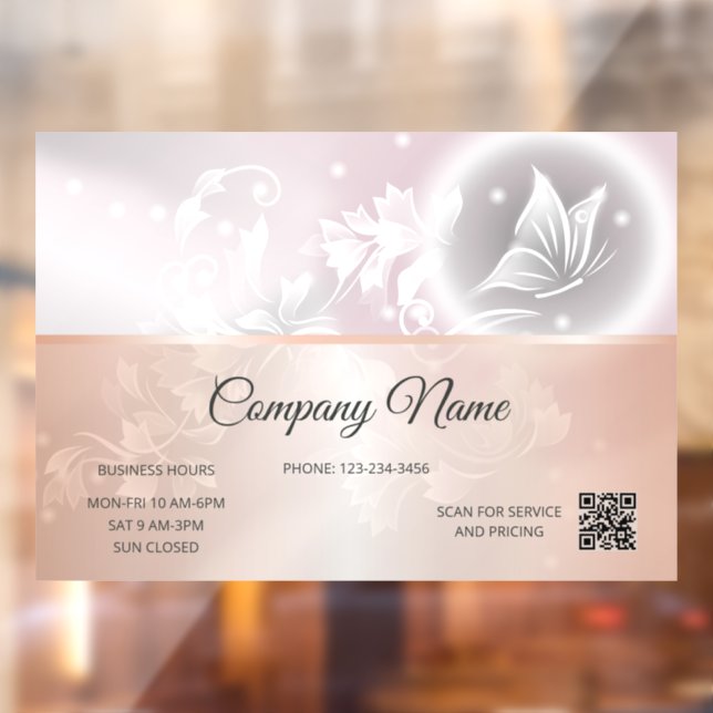 Autocollant Pour Fenêtre Papillon floral rose | Heures d'ouverture Code QR (Feuille 2)