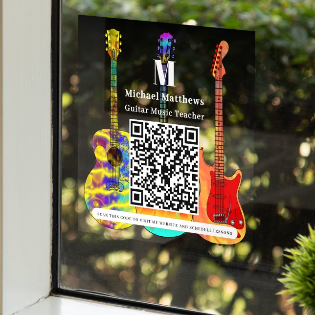 Autocollant Pour Fenêtre Professeur de Guitare Cours de Musique Code QR (Guitar teacher music lessons website qr code business advertising window cling)