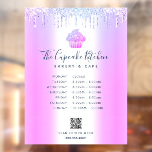 Autocollant Pour Fenêtre Purple QR Code Menu Heures Cupcake Boulangerie Par