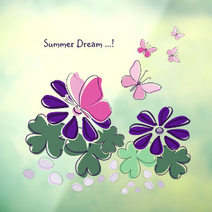 Autocollant Pour Fenêtre Rose vert pourpre Doodé fleurit papillons Slogan