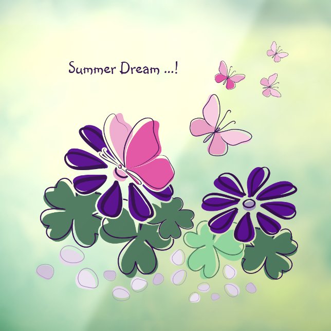 Autocollant Pour Fenêtre Rose vert pourpre Doodé fleurit papillons Slogan (Feuille 3)