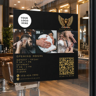 Autocollant Pour Fenêtre Salon de coiffure élégant Code QR Logo Aigle doré 