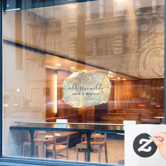Autocollant Pour Fenêtre Script de signature holographique Paillettes Glam  (Fenêtre de café)