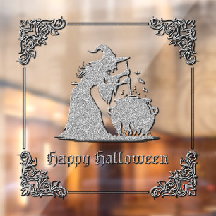 Autocollant Pour Fenêtre Sorcière en argent et Halloween Cauldron