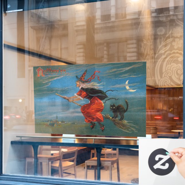 Autocollant Pour Fenêtre Sorcière volant avec chat noir la nuit d'Halloween (Fenêtre de café)