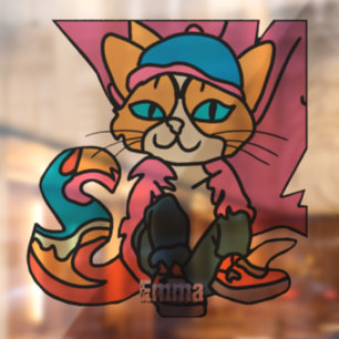 Autocollant Pour Fenêtre Street Retro Chat, Casquette et Basket  Drôle