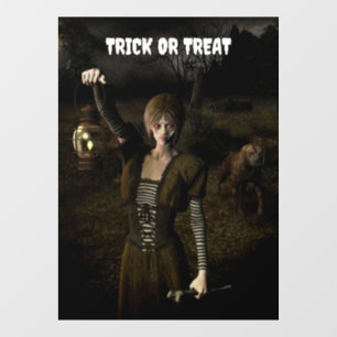 Autocollant Pour Fenêtre Trick or Treat. Femme mince portant une lampe