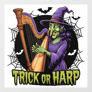 Autocollant Pour Fenêtre Trick Ou Harpe Éffrayante Sorcière Jouer Harpe Hal