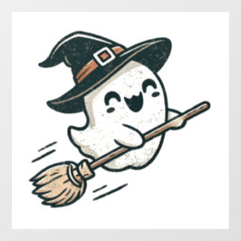 Autocollant Pour Fenêtre Un mignon fantôme sorcier volant sur un balai - Ha