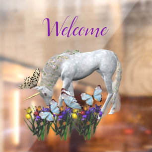 Autocollant Pour Fenêtre Unicorne Et Papillons Bienvenue
