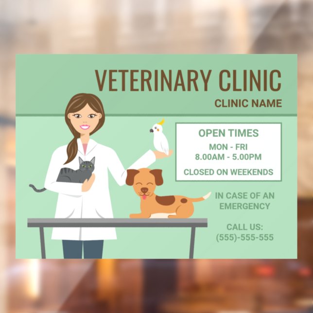 Autocollant Pour Fenêtre Vétérinaire Femme & Animaux - Clinique Temps ouver (Feuille 2)