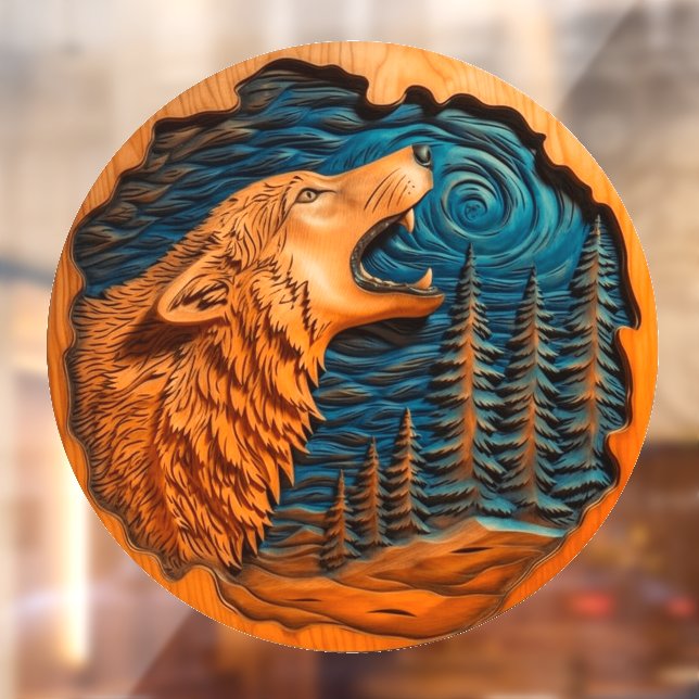Autocollant Pour Fenêtre Wolf Howling Moon Faux Wood Carving Wild Nature 2 (Feuille 2)