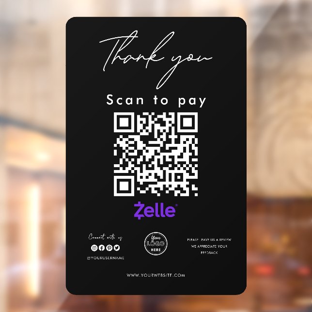 Autocollant Pour Fenêtre Zelle QR Code Logo Scan to Pay Merci Noir (Feuille 2)