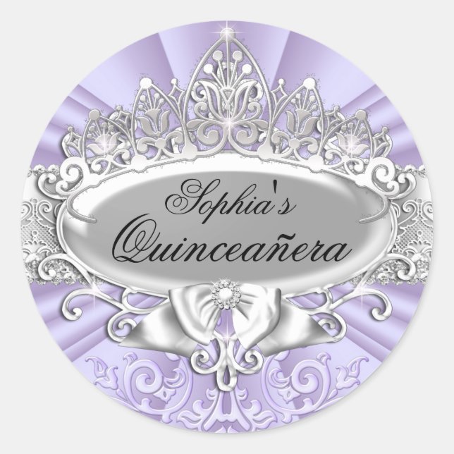 Autocollant pourpre Tiara & Damask Quinceanera (Devant)
