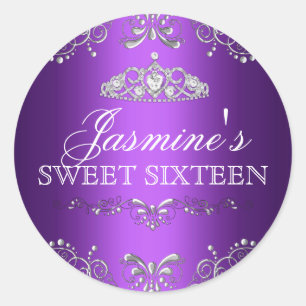 Autocollant Purple Silver Damask & Tiara Sweet 16