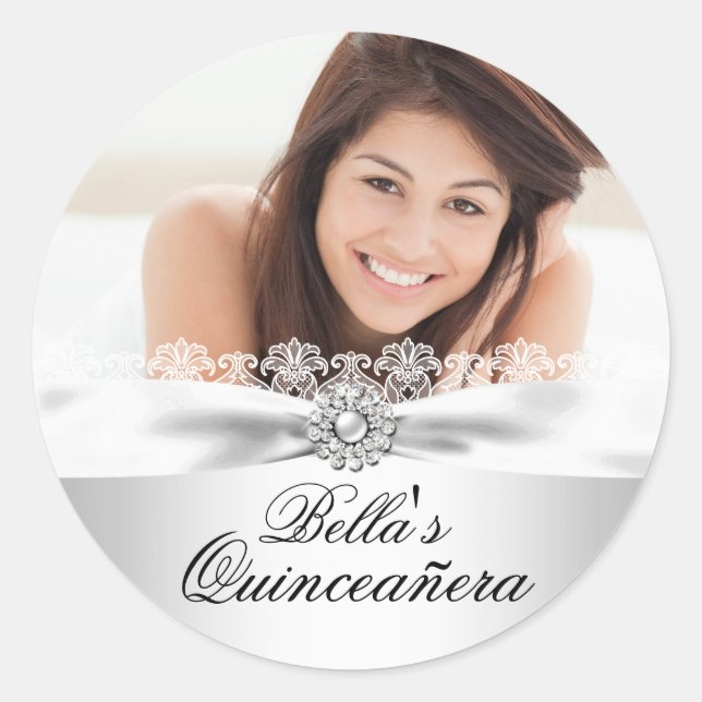 Autocollant Quinceanera Argent Bow & Lace (Devant)