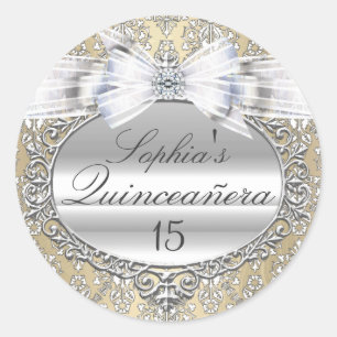 Autocollant Quinceanera Crème et Ruban Argenté