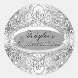 Autocollant Quinceanera Damassé Argent Perle